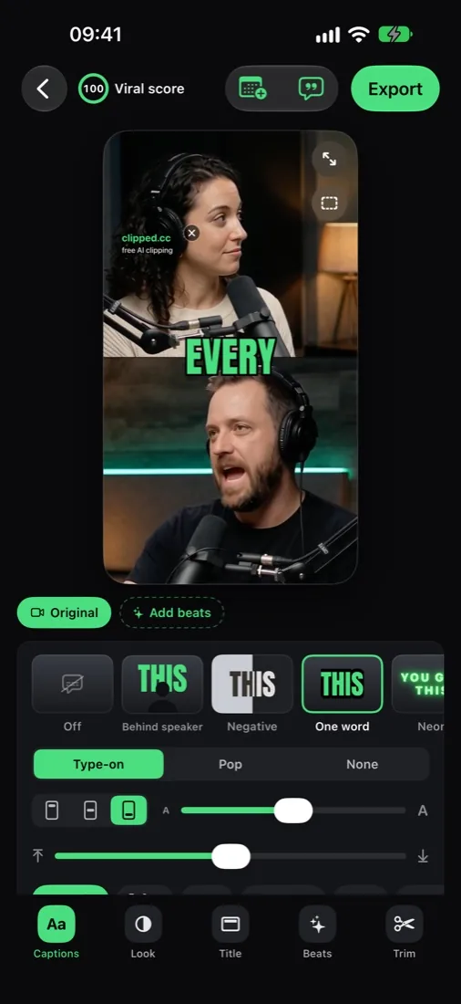The Captions tool in Clipped on iPhone